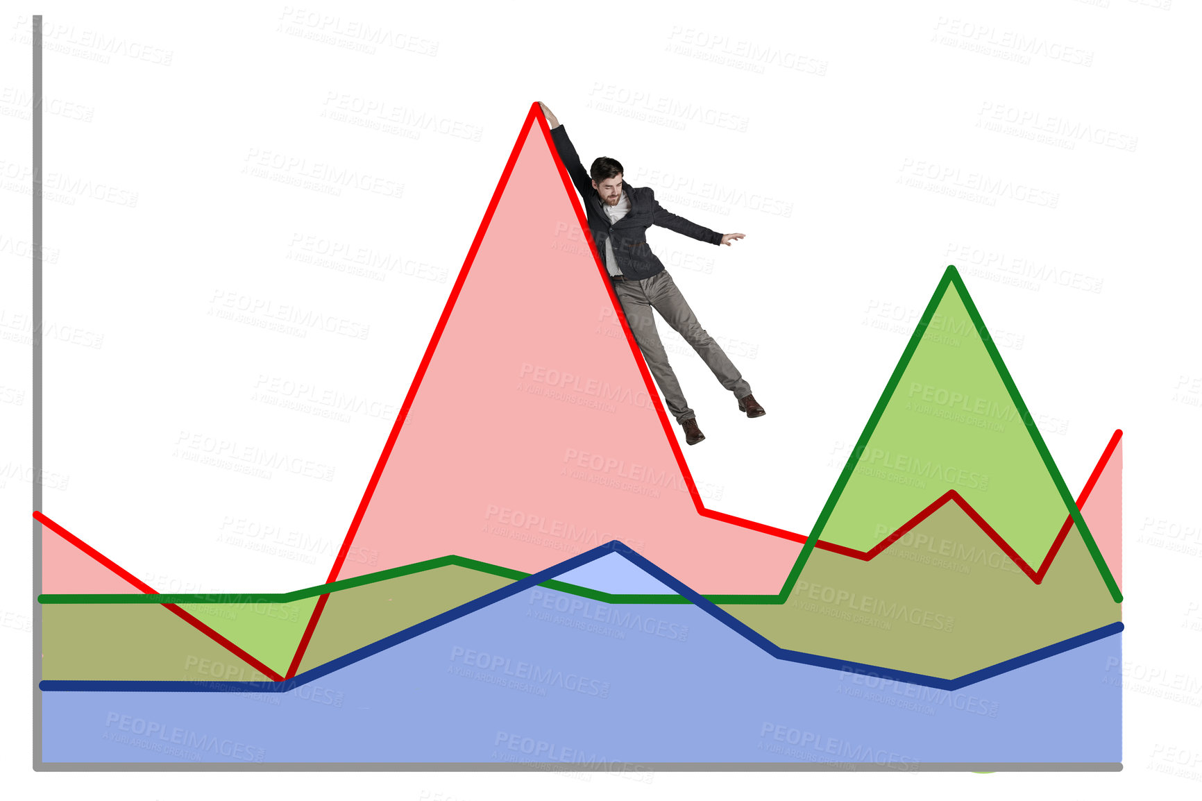 Buy stock photo Shot of a businessman falling off a graph against a white background