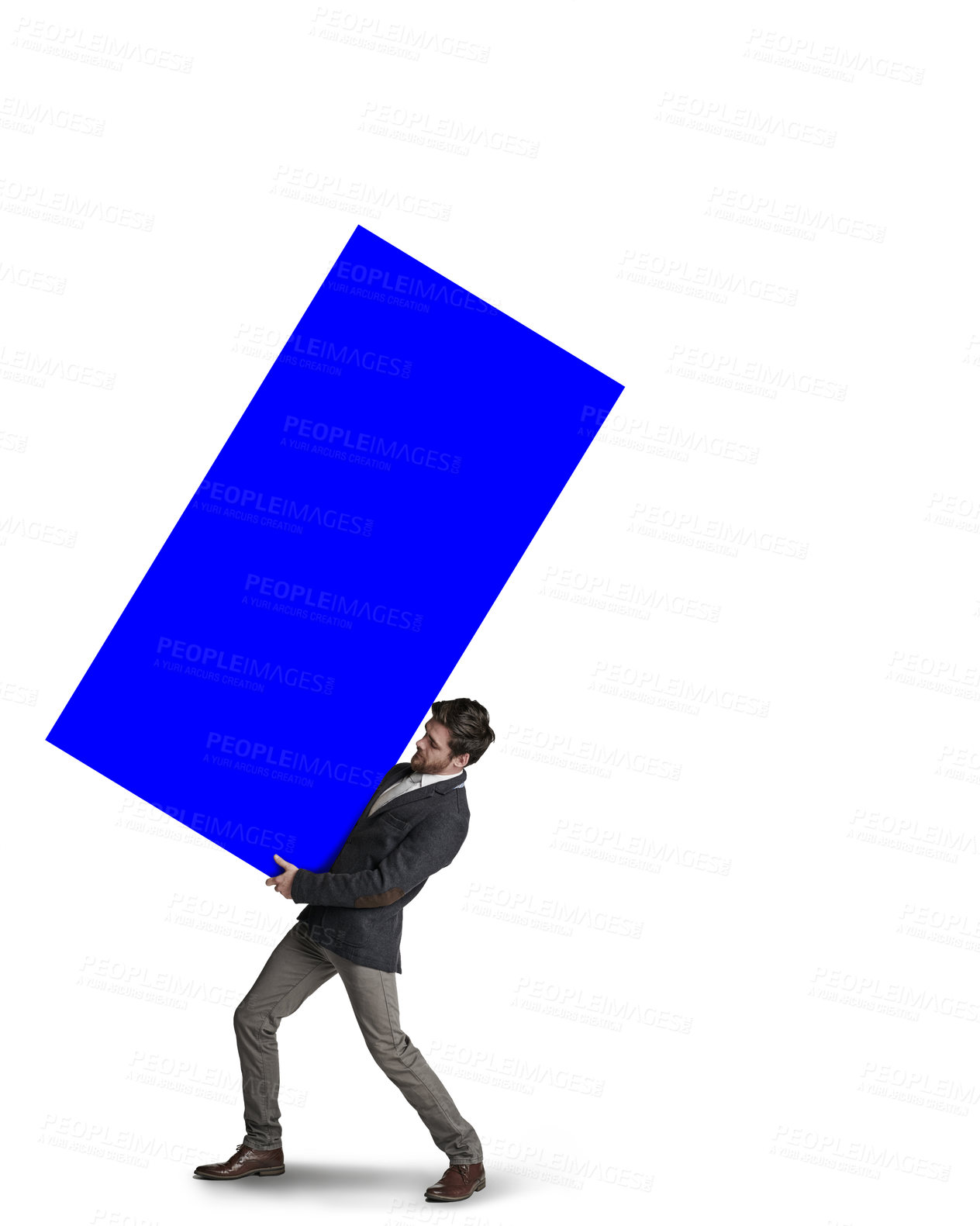 Buy stock photo Shot of a businessman carrying a heavy load against a white background