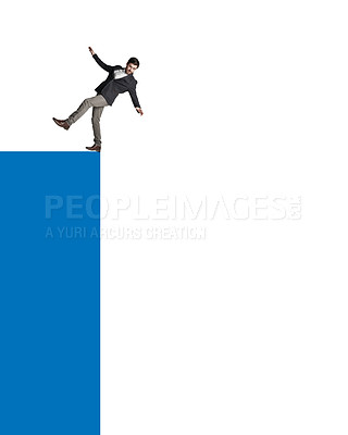 Buy stock photo Shot of a businessman about to fall from the edge of a cliff against a white background