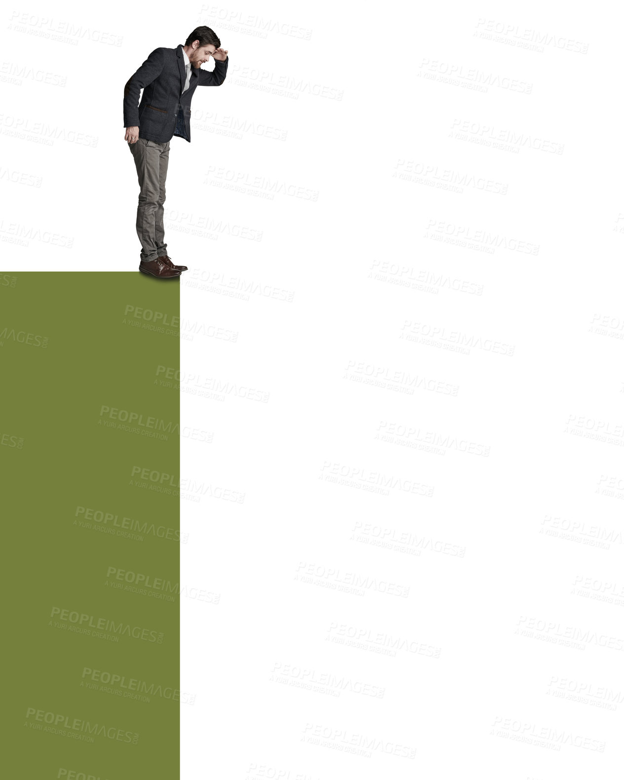 Buy stock photo Shot of a businessman about to jump from the edge of a cliff against a white background