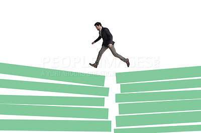 Buy stock photo Shot of a businessman crossing an unsteady financial graph against a white background