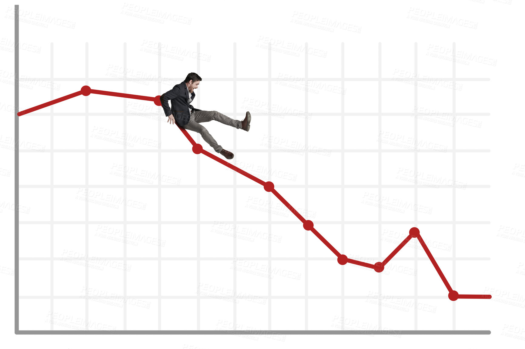 Buy stock photo Shot of a businessman falling off a graph against a white background