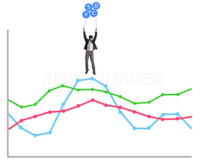 Buy stock photo Shot of a businessman holding on to a bunch of cryptocurrency balloons on top of a graph against a white background