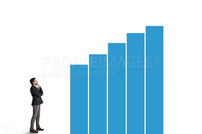 Buy stock photo Shot of a businessman looking thoughtfully at a graph against a white background