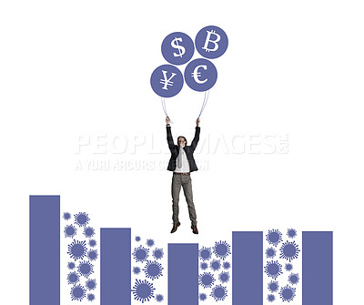 Buy stock photo Shot of a businessman holding on to a bunch of cryptocurrency balloons on top of a viral graph against a white background