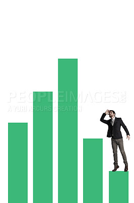 Buy stock photo Shot of a businessman looking up at a fluctuating financial graph against a white background