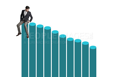 Buy stock photo Shot of a businessman sitting on top of a fluctuating financial graph against a white background