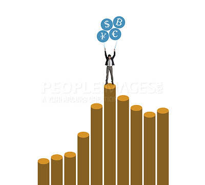 Buy stock photo Stock market, balloons or man on graph for currency, investment fluctuation or finance mockup. Financial growth, white background or trader in studio on charts with price value or crypto profit risk