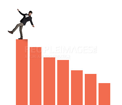 Buy stock photo Shot of a businessman balancing on top of a graph against a white background