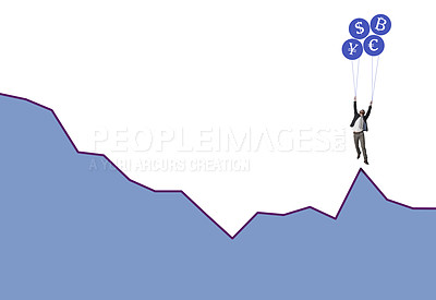 Buy stock photo Shot of a businessman holding on to a bunch of cryptocurrency balloons on top of a graph against a white background