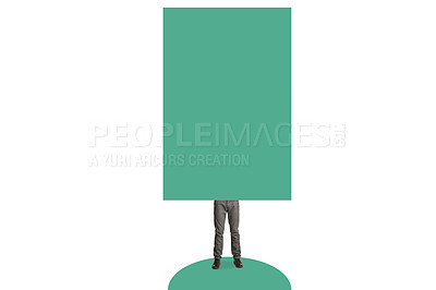 Buy stock photo Shot of an unrecognisable businessman stuck in between an exclamation mark against a white background