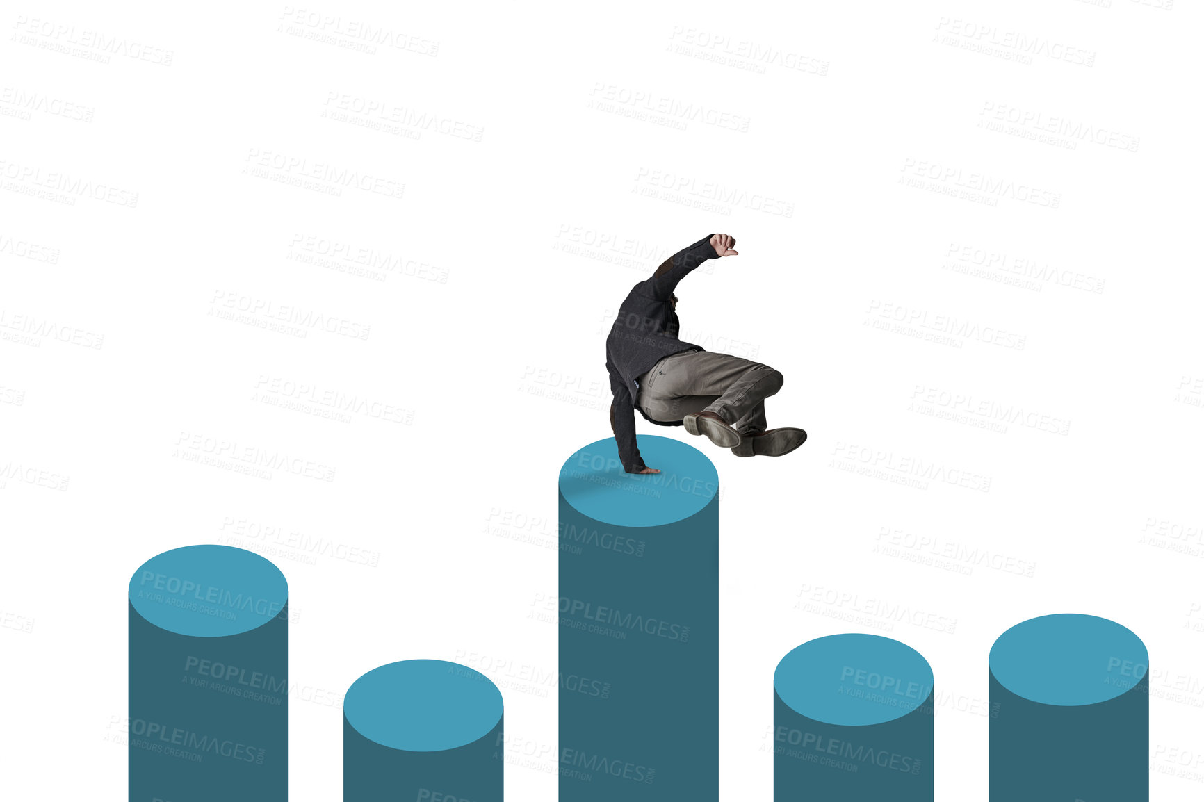 Buy stock photo Shot of a businessman jumping over a graph against a white background