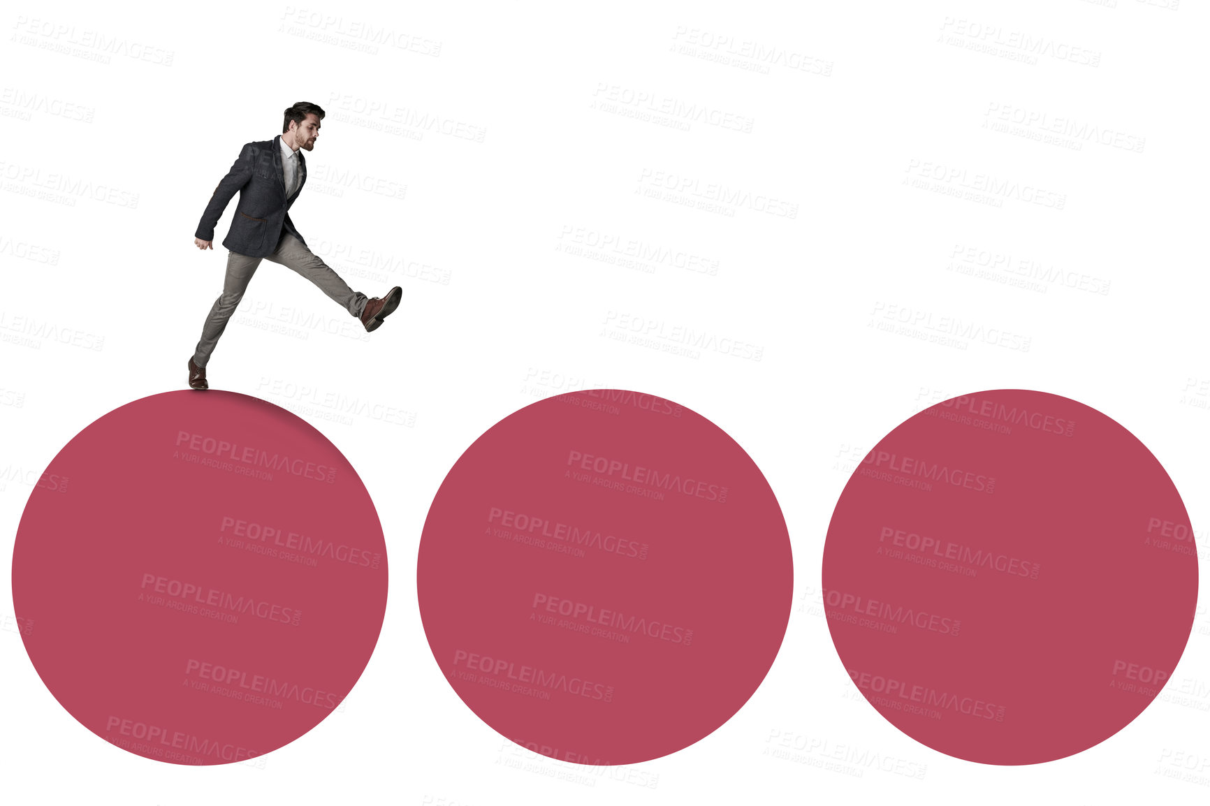 Buy stock photo Shot of a businessman waking across three circles against a white background