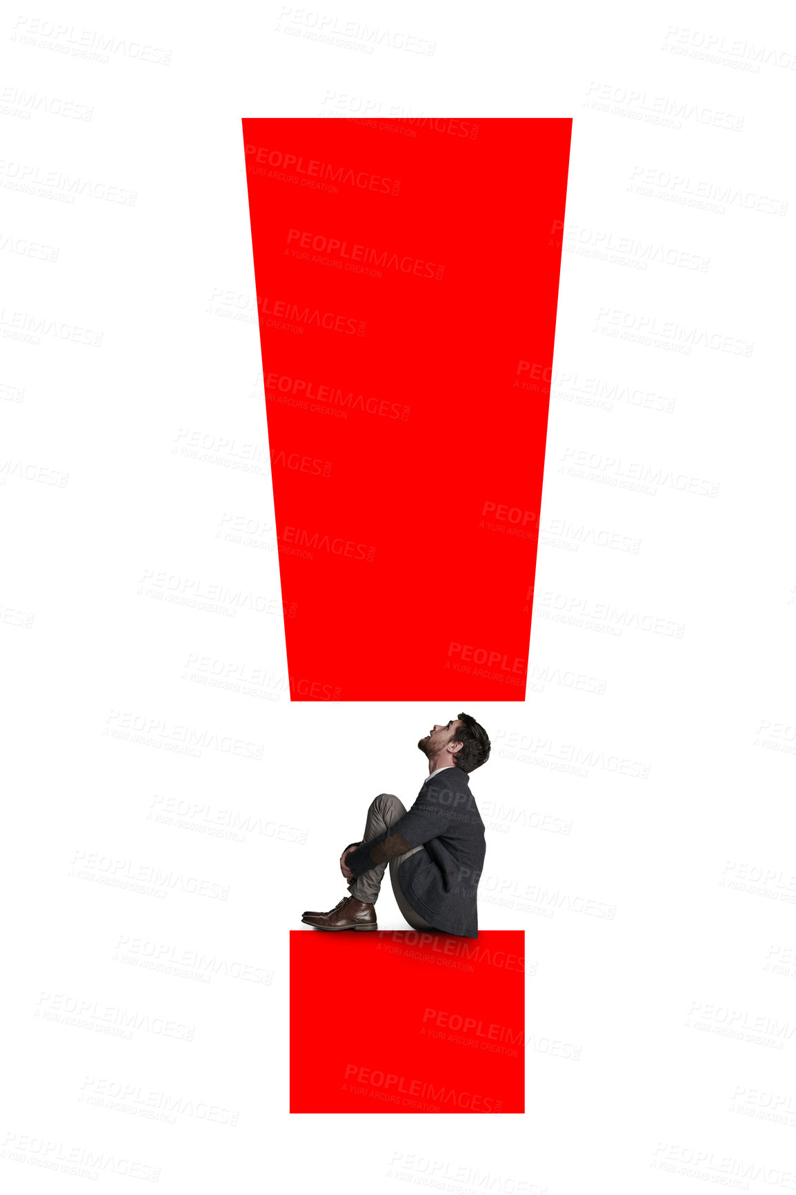 Buy stock photo Shot of an unrecognisable businessman stuck in between an exclamation mark against a white background