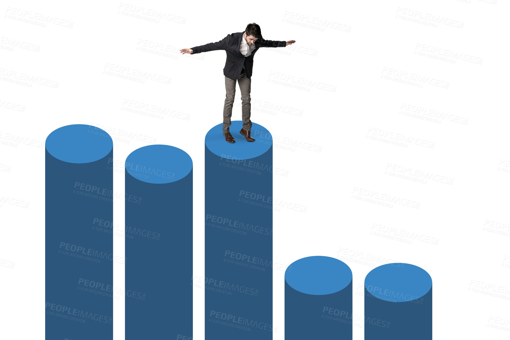 Buy stock photo Shot of a businessman balancing on top of a graph against a white background