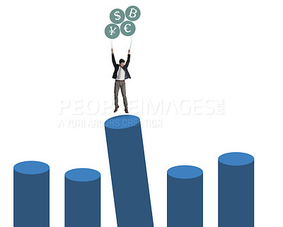 Buy stock photo Shot of a businessman holding on to a bunch of cryptocurrency balloons on top of a graph against a white background