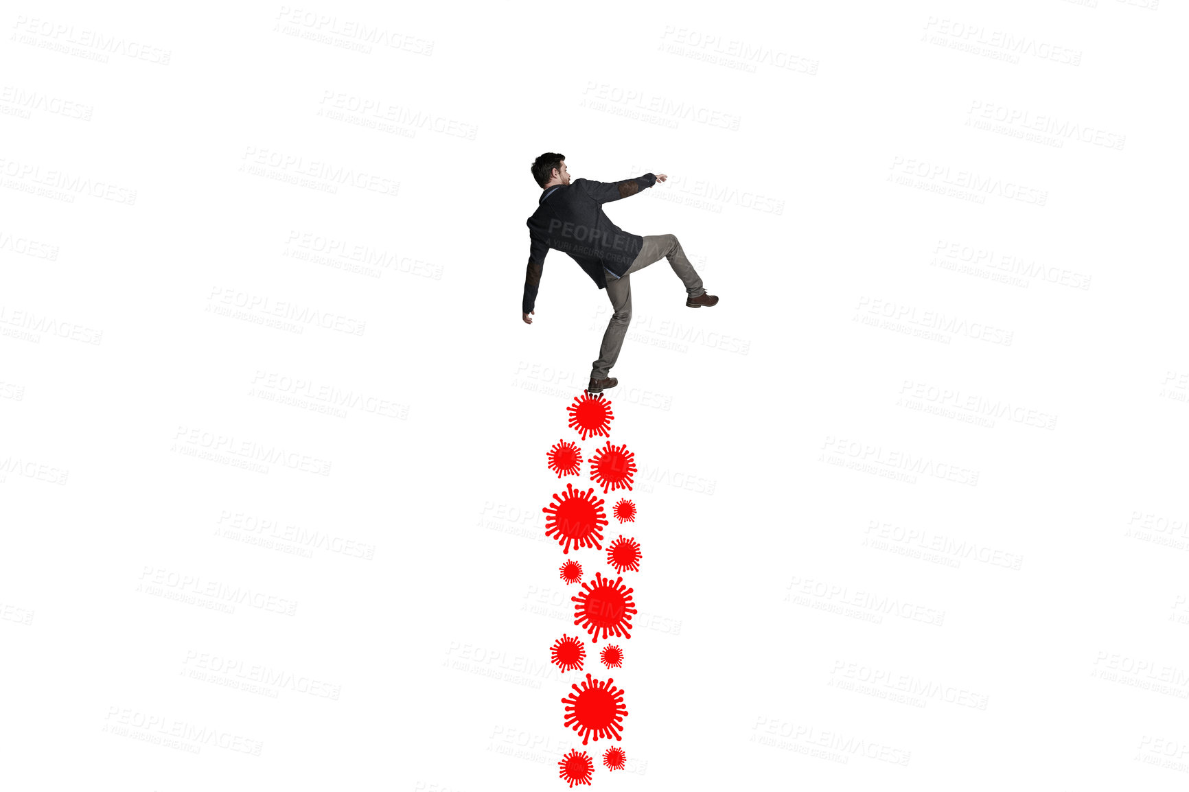 Buy stock photo Shot of a businessman balancing on top of stack of viruses against a white background