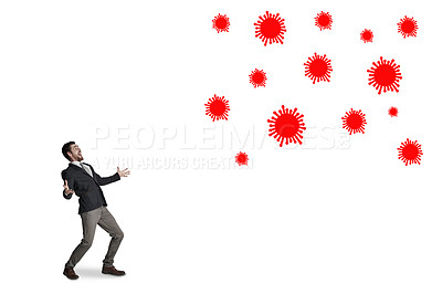 Buy stock photo Shot of a businessman being attacked by a virus against a white background
