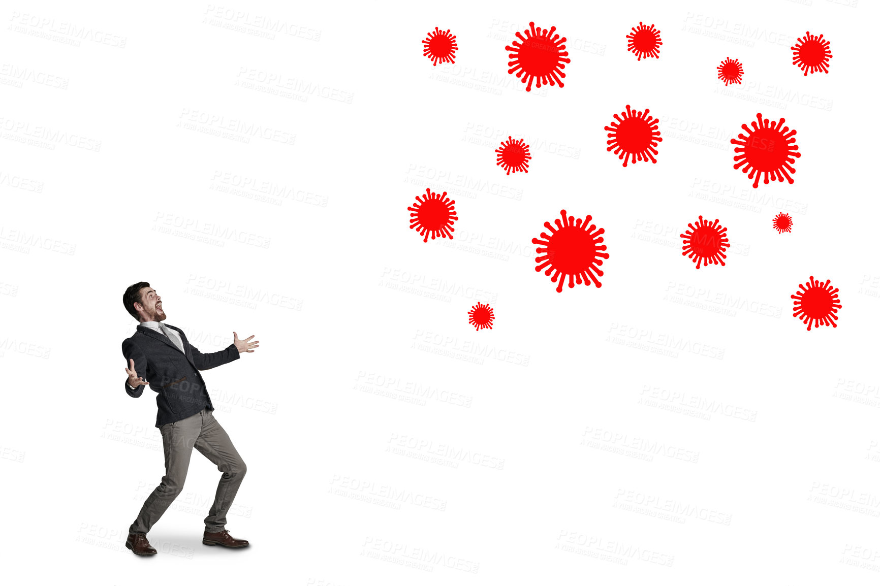 Buy stock photo Shot of a businessman being attacked by a virus against a white background