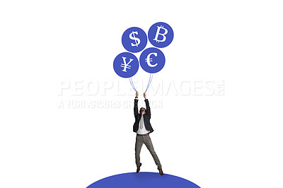 Buy stock photo Shot of a businessman holding on to a bunch of cryptocurrency balloons against a white background