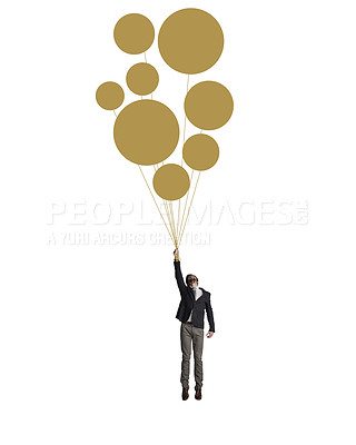 Buy stock photo Shot of a businessman holding on to a bunch of balloons  against a white background