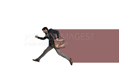 Buy stock photo Shot of a businessman carrying a bag and running against a white background