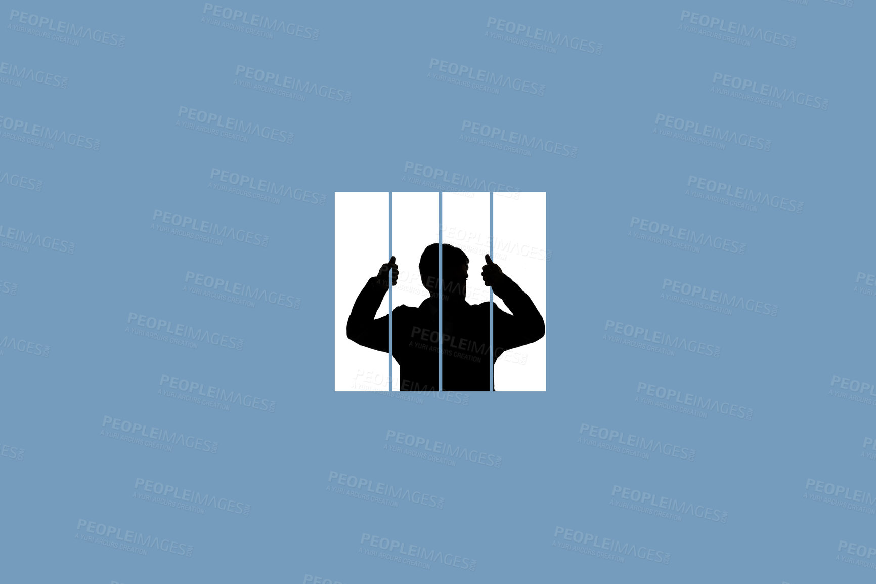 Buy stock photo Shot of a businessman in silhouette behind bars against a blue background