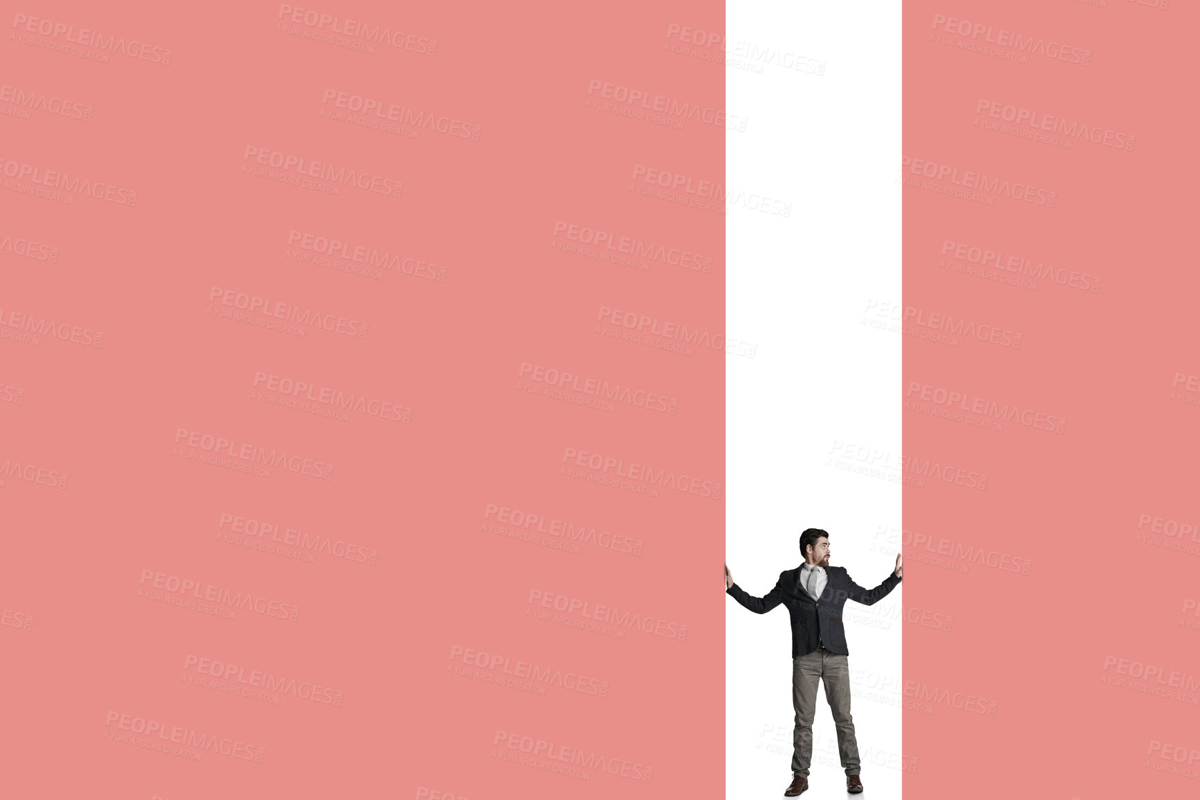 Buy stock photo Shot of a businessman caged in against a pink background