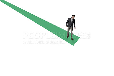 Buy stock photo Shot of a businessman about to jump from the edge of a graph against a white background