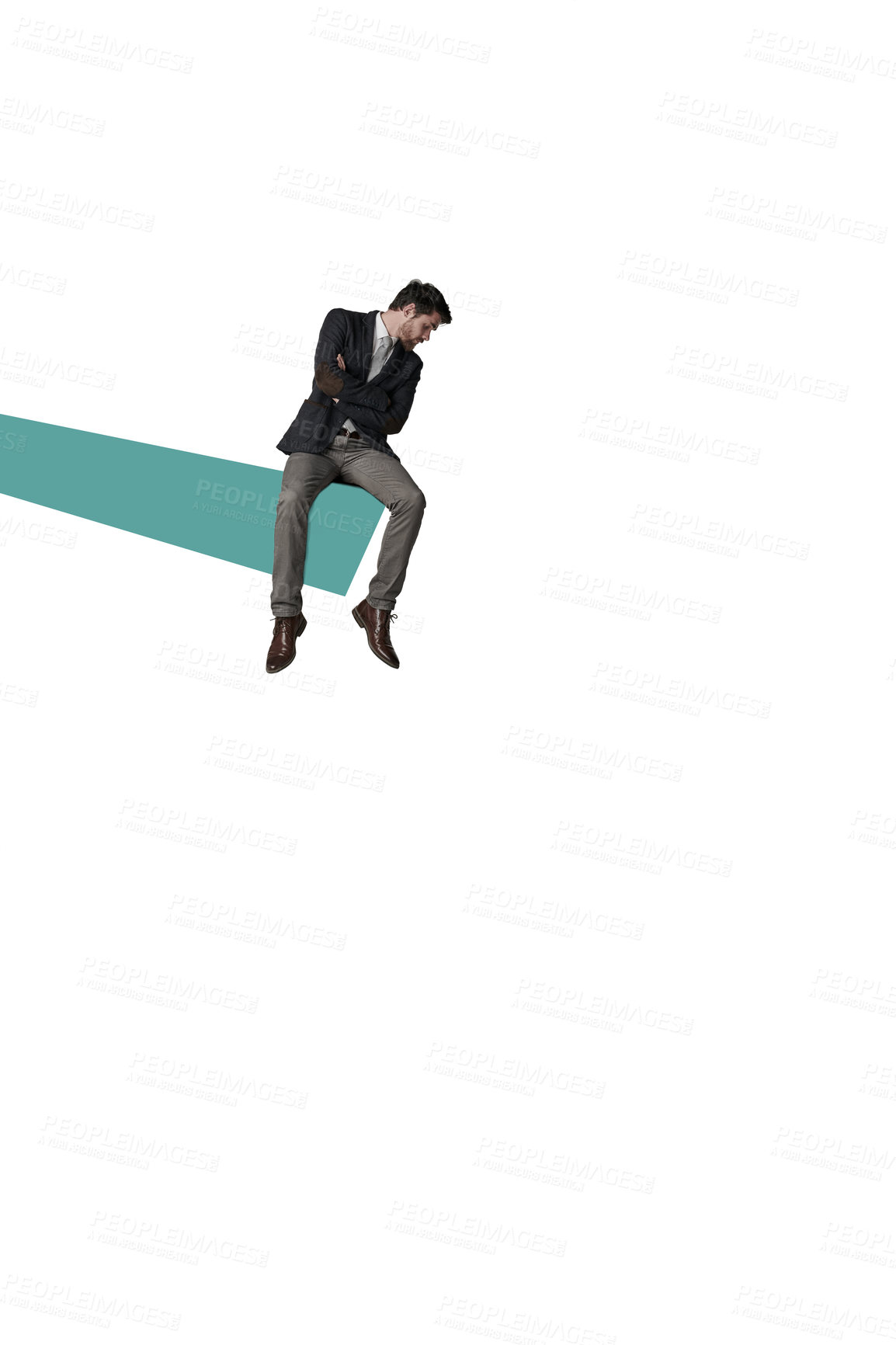 Buy stock photo Shot of a businessman about to jump from the edge of a graph against a white background