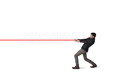 Buy stock photo Business, studio and man pulling rope with project management, objectives and hard work with space. Networking, challenge and businessman with red string for startup development on white background