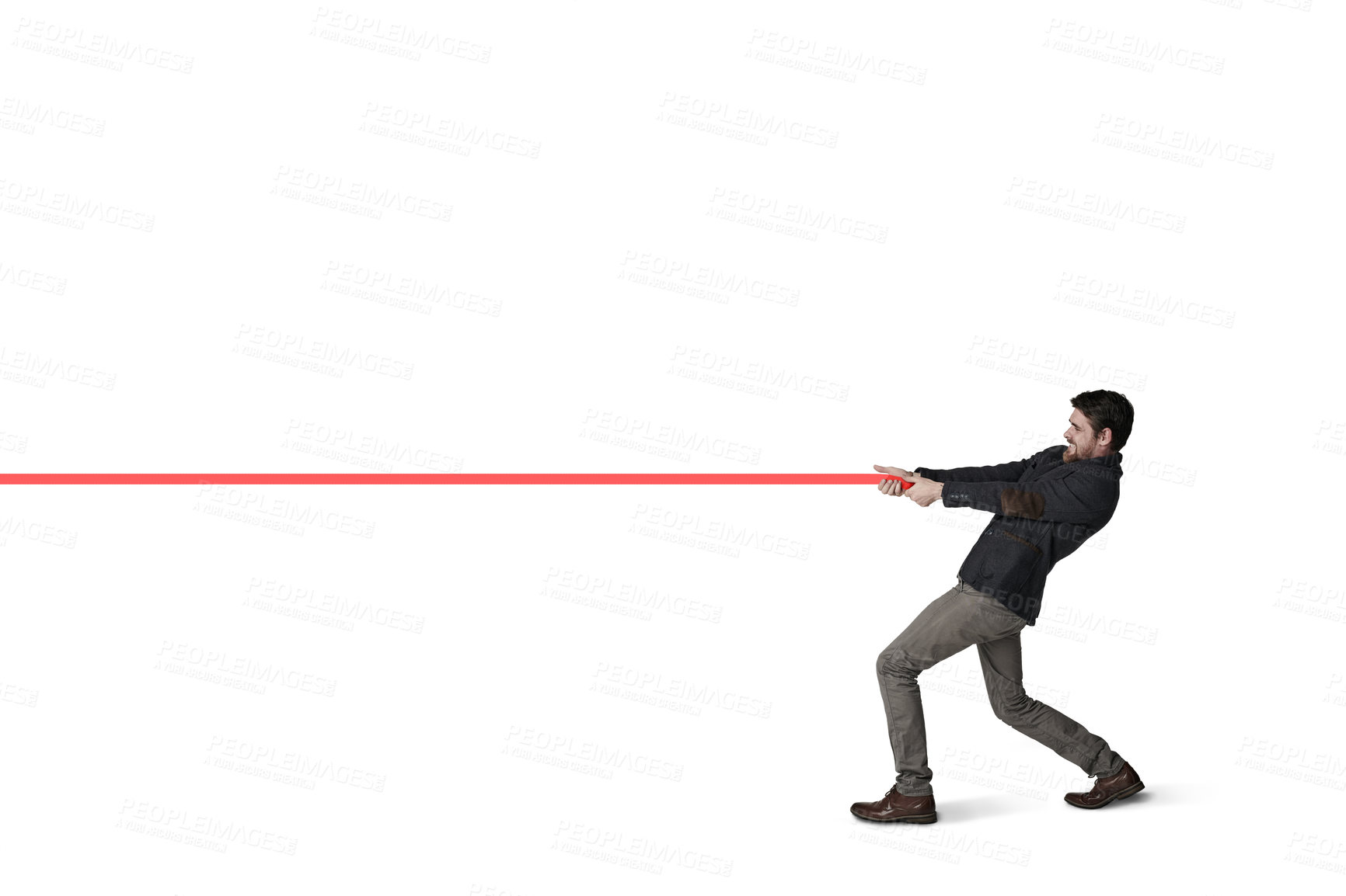 Buy stock photo Shot of a businessman pulling on a string against a white background