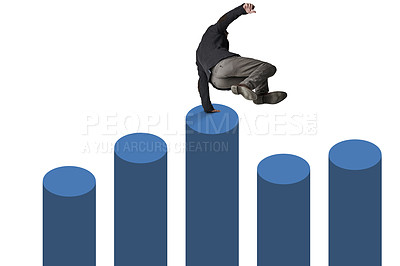 Buy stock photo Shot of a businessman jumping over a graph against a white background