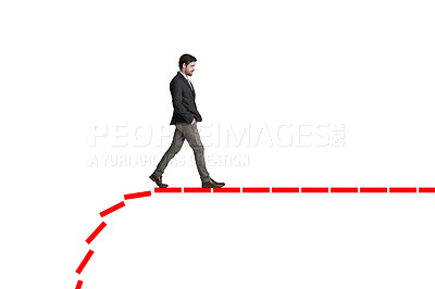 Buy stock photo Shot of a businessman walking along a line that’s falling behind him against a white background