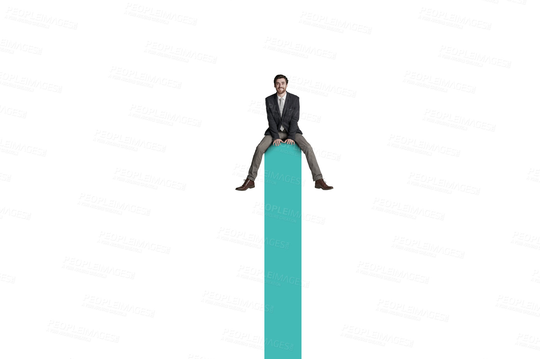 Buy stock photo Shot of a businessman sitting on top of a graph against a white background