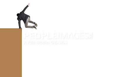 Buy stock photo Shot of a businessman jump off the edge of a cliff against a white background
