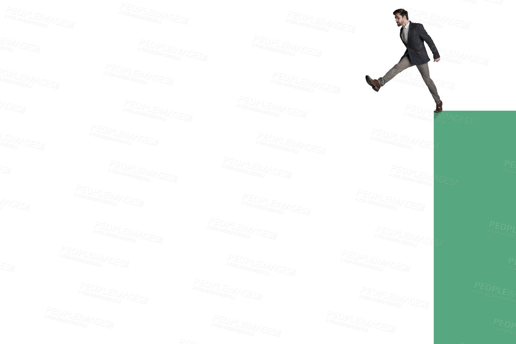 Buy stock photo Shot of a businessman about to jump from the edge of a cliff against a white background