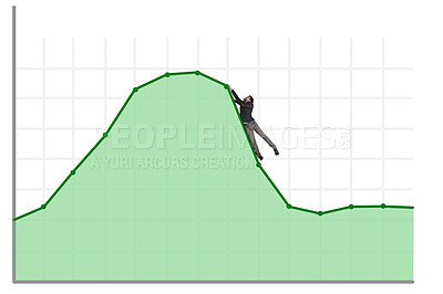 Buy stock photo Shot of a businessman falling off a graph against a white background