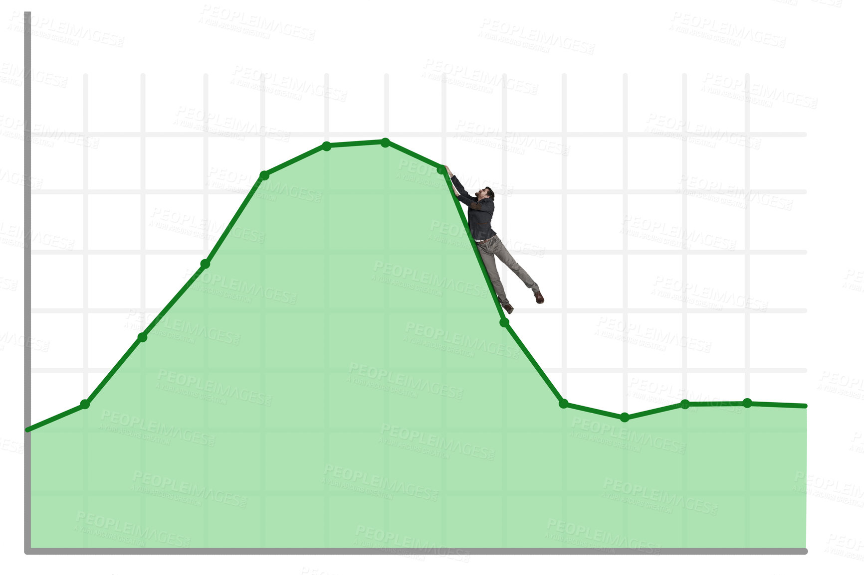 Buy stock photo Shot of a businessman falling off a graph against a white background