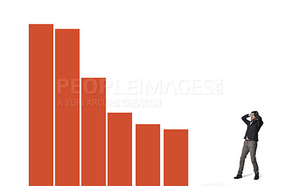 Buy stock photo Shot of a businessman stressing as he watches a graph fall down against a white background