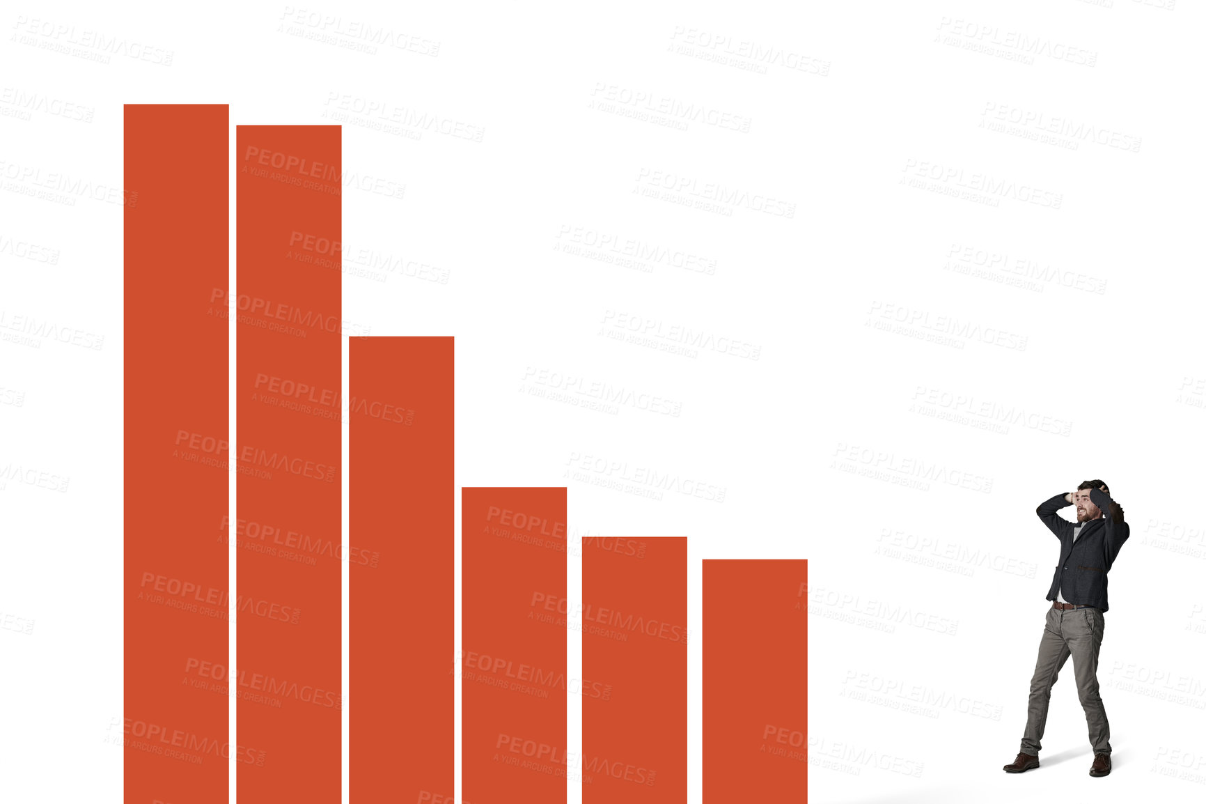 Buy stock photo Shot of a businessman stressing as he watches a graph fall down against a white background