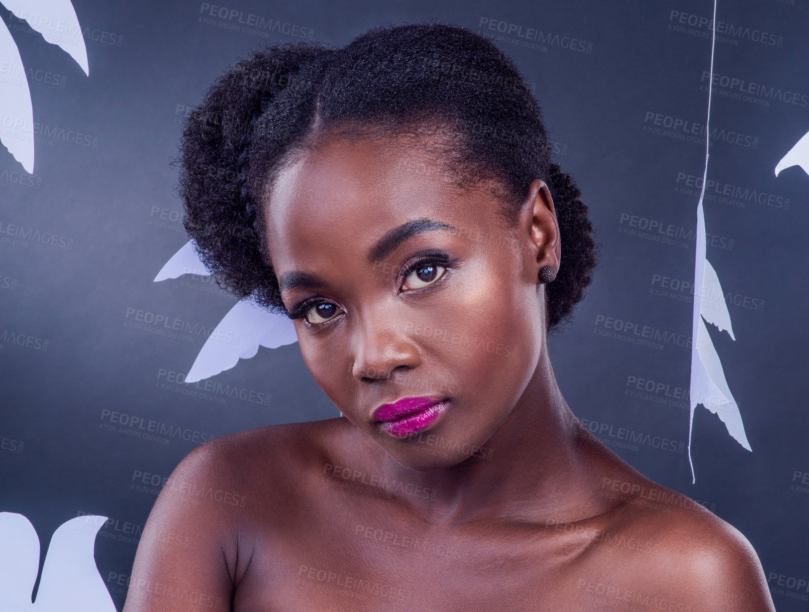 Buy stock photo Black woman, beauty and skincare paper bird symbolism for freedom and peace isolated in studio. African female person and portrait for natural skin with shine or glow from organic collagen treatment