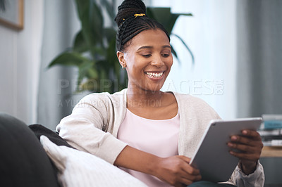 Buy stock photo Black woman, happiness and tablet on sofa for communication, social media and online shopping or banking with home wifi connection. Female with technology for streaming, mobile app and social life