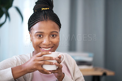 Buy stock photo Relax, coffee and smile with portrait of black woman for content, weekend and lounge at home. Happy, break and lifestyle with girl in living room and mug of tea for peace, beverage and comfortable