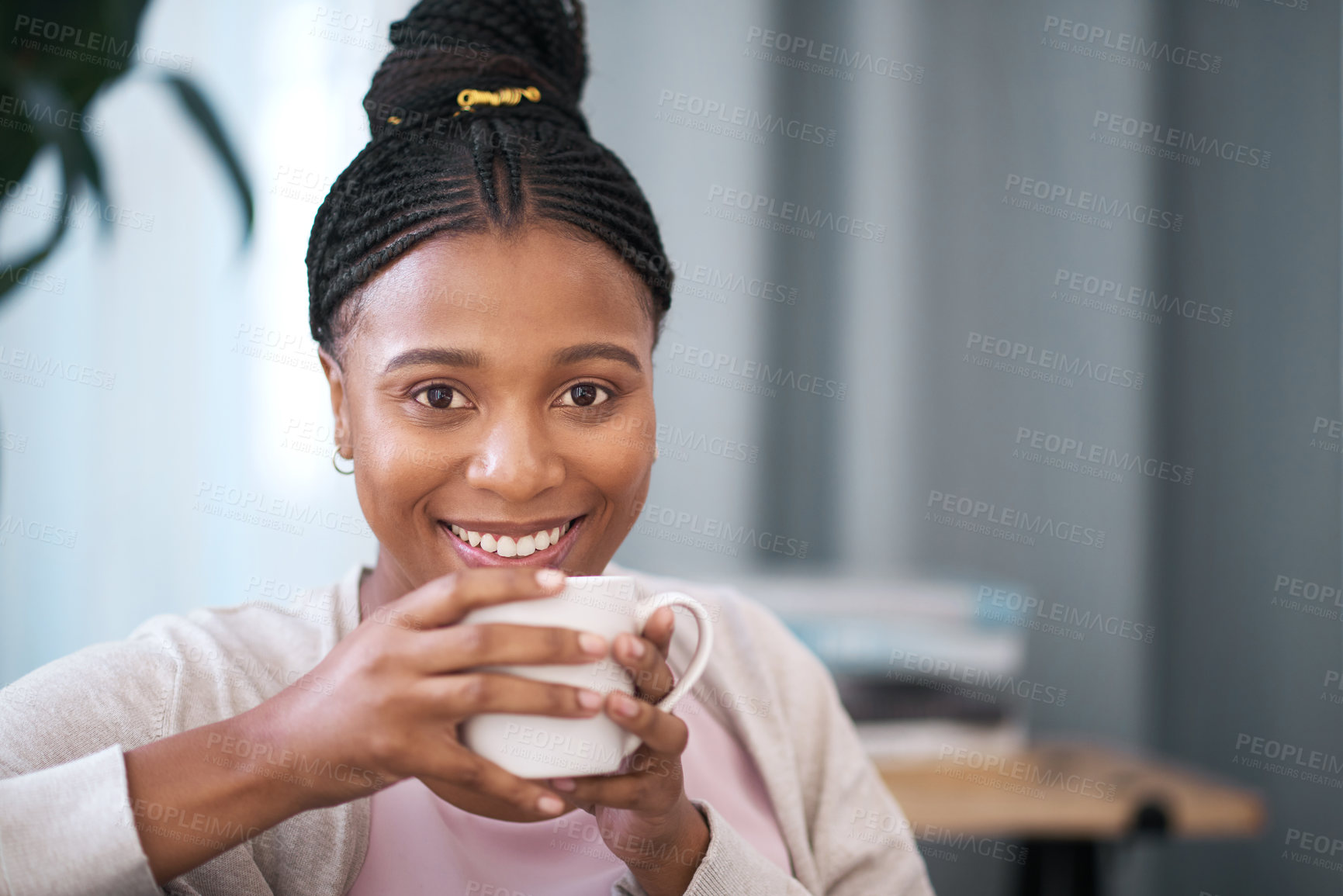 Buy stock photo Relax, coffee and smile with portrait of black woman for content, weekend and lounge at home. Happy, break and lifestyle with girl in living room and mug of tea for peace, beverage and comfortable