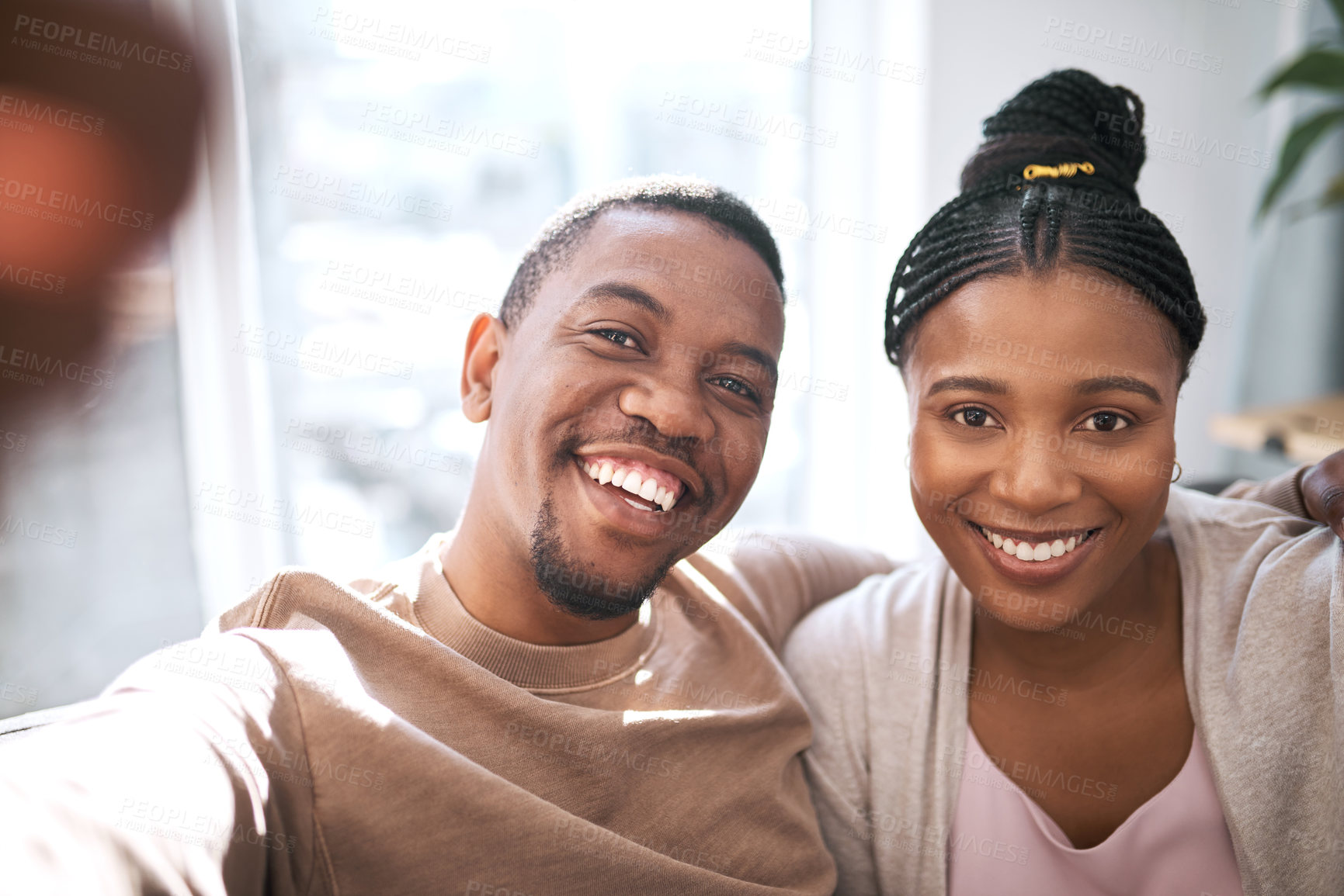 Buy stock photo Portrait and couple taking selfie with loving, bonding care romantic relationship at home. Loving, caring african american husband and wife or spouse taking face photo while relaxing together