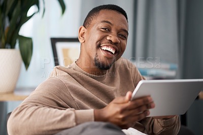 Buy stock photo Black man, tablet and portrait smile for entertainment, movie streaming or fast speed connection at home. Happy African American male smiling in satisfaction holding touchscreen for wifi connectivity