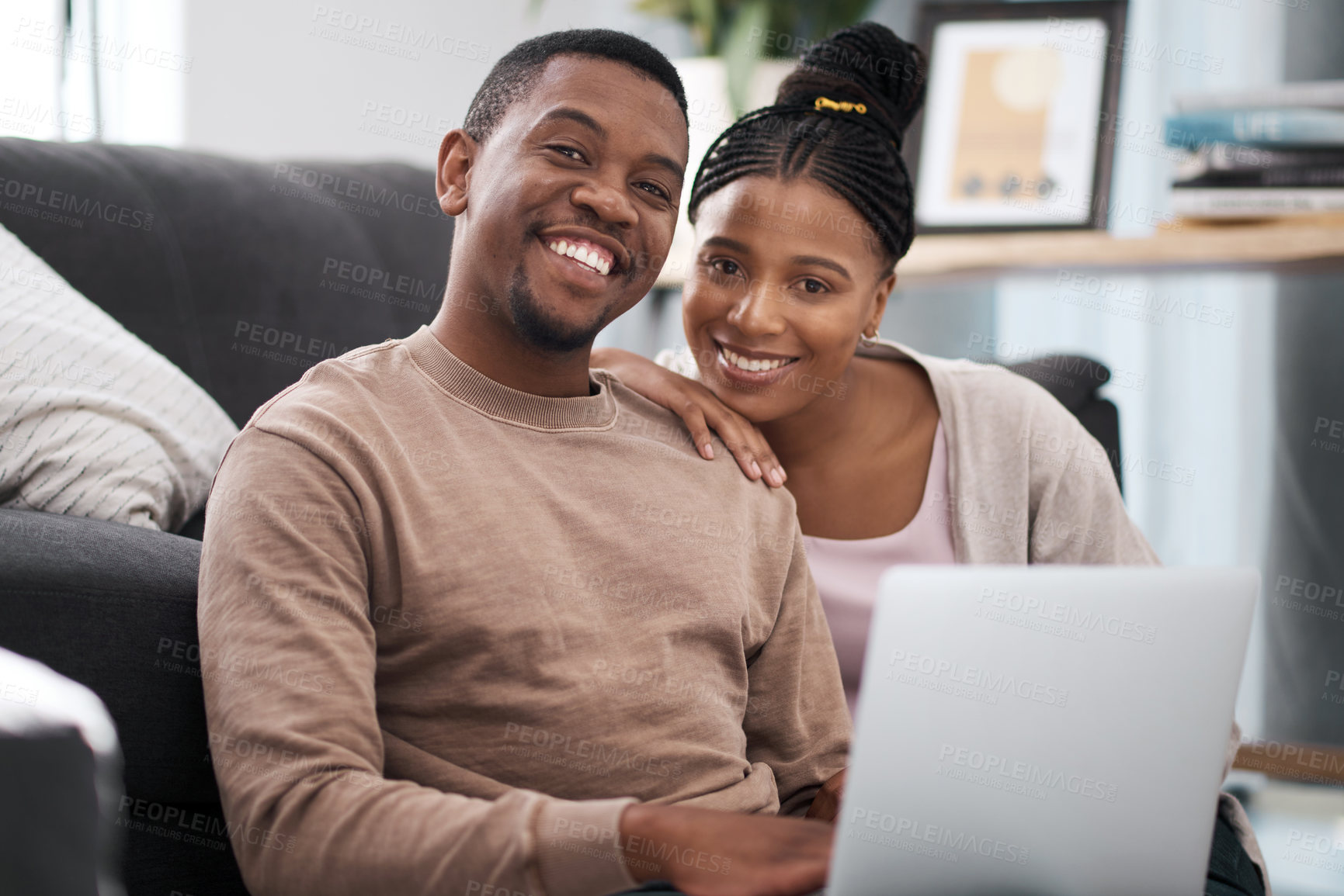 Buy stock photo Portrait, couple and laptop on a living room floor for movie, date and entertainment in their home together. Face, black couple and online streaming by happy, relax and content people bonding 