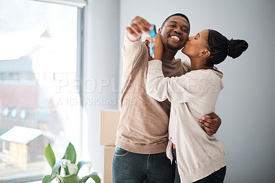 Buy stock photo Real estate, home and couple with keys for moving in, dream home and property, happy and kiss mockup. Portrait, man and woman hug in celebration of house, sale and success, mortgage and investment