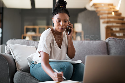 Buy stock photo Woman, call and laptop budget planning conversation with online financial consultant to help with taxes on living room sofa. Black woman, work from home and remote internet fintech banking consulting